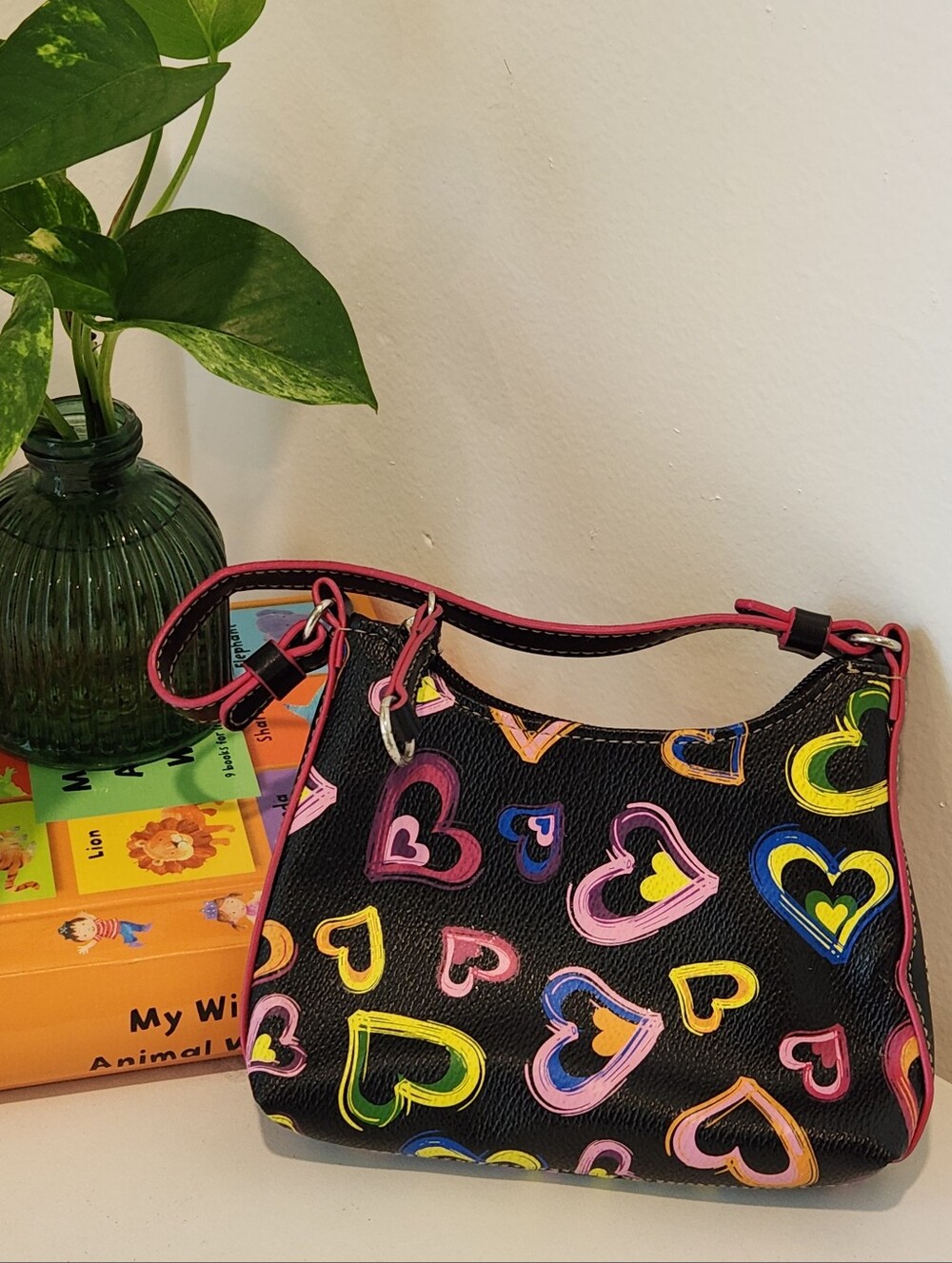 90s y2k XOXO Multicolored Heart Vinyl Mini Baguette Shoulder Kidcore Purse Bag